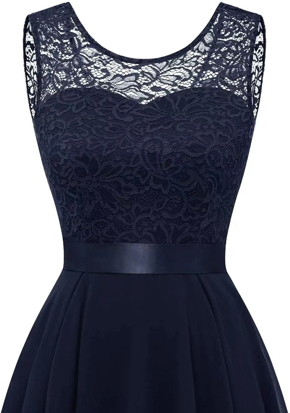 Womens Lace Crewneck High Low Evening Dresses Sleeveless High Waisted A Line Flare Hem Ruffle Chiffon Dress