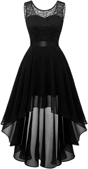 Womens Lace Crewneck High Low Evening Dresses Sleeveless High Waisted A Line Flare Hem Ruffle Chiffon Dress