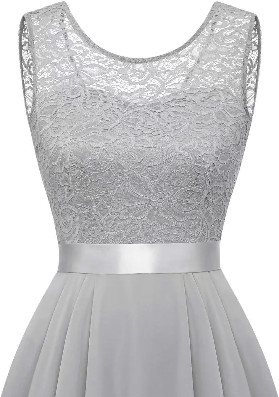 Womens Lace Crewneck High Low Evening Dresses Sleeveless High Waisted A Line Flare Hem Ruffle Chiffon Dress