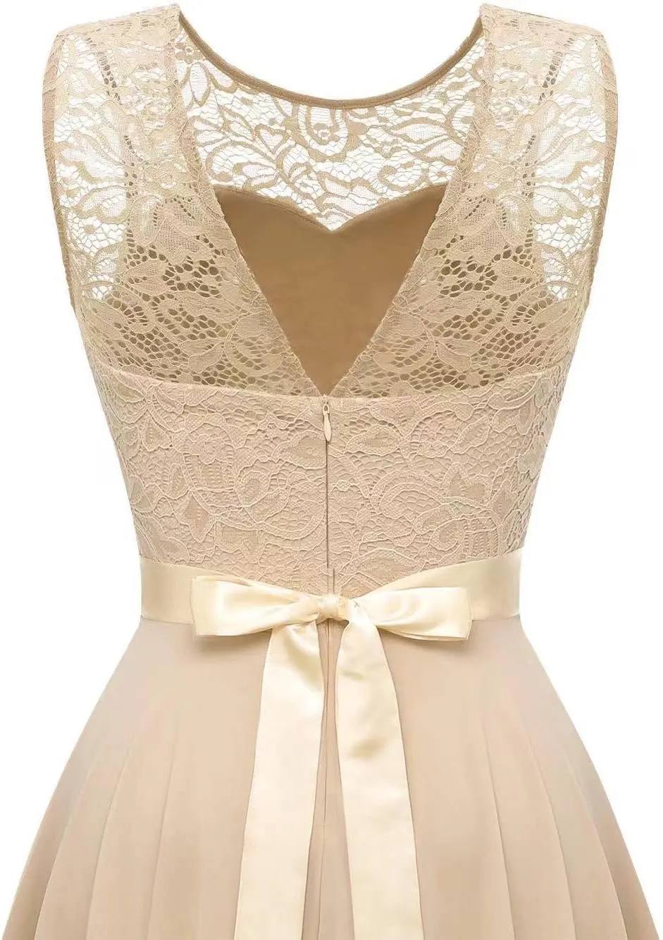Womens Lace Crewneck High Low Evening Dresses Sleeveless High Waisted A Line Flare Hem Ruffle Chiffon Dress