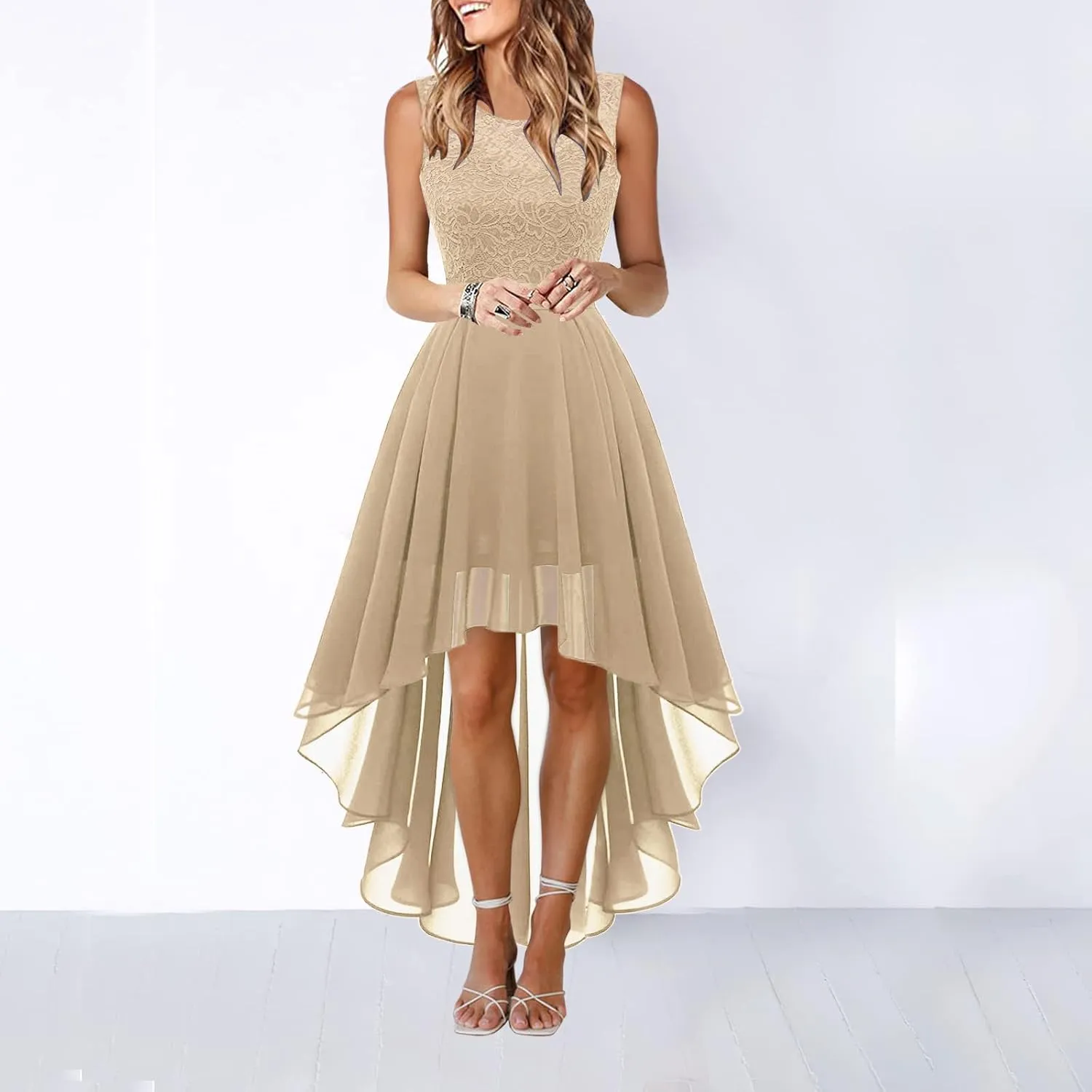 Womens Lace Crewneck High Low Evening Dresses Sleeveless High Waisted A Line Flare Hem Ruffle Chiffon Dress
