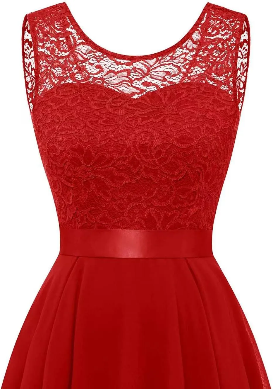 Womens Lace Crewneck High Low Evening Dresses Sleeveless High Waisted A Line Flare Hem Ruffle Chiffon Dress