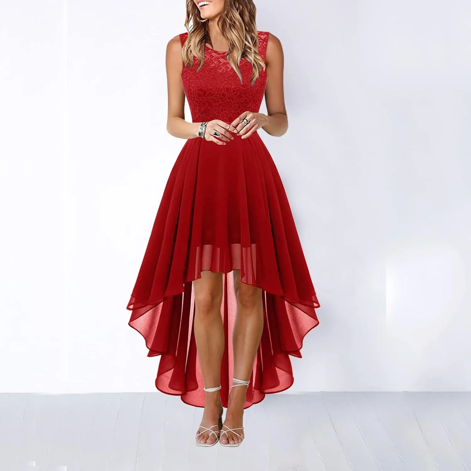 Womens Lace Crewneck High Low Evening Dresses Sleeveless High Waisted A Line Flare Hem Ruffle Chiffon Dress