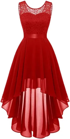 Womens Lace Crewneck High Low Evening Dresses Sleeveless High Waisted A Line Flare Hem Ruffle Chiffon Dress