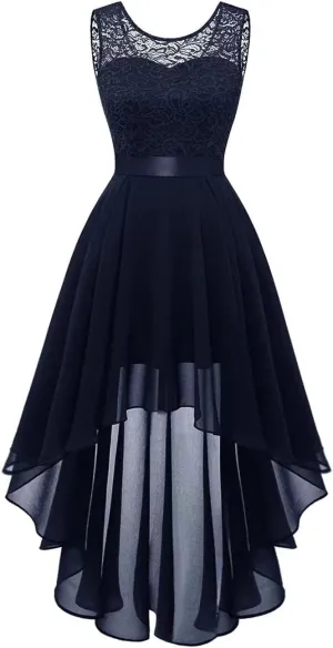 Womens Lace Crewneck High Low Evening Dresses Sleeveless High Waisted A Line Flare Hem Ruffle Chiffon Dress