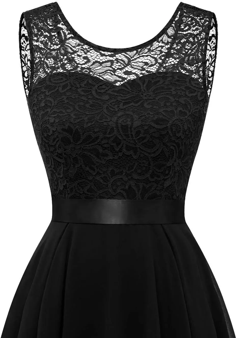 Womens Lace Crewneck High Low Evening Dresses Sleeveless High Waisted A Line Flare Hem Ruffle Chiffon Dress