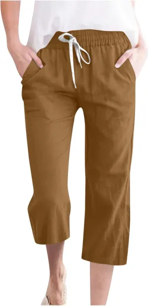Women's Linen Cotton Wide Leg Pants Boho Palazzo Trousers for Summer High Waisted Elastic Side Pockets Sizes XS-XXL
