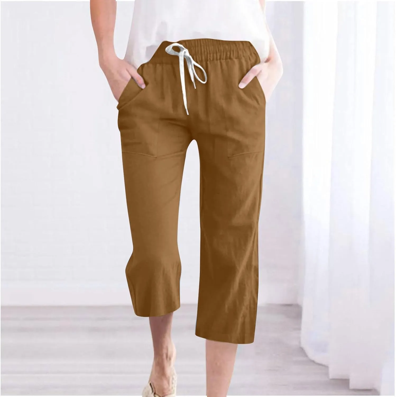 Women's Linen Cotton Wide Leg Pants Boho Palazzo Trousers for Summer High Waisted Elastic Side Pockets Sizes XS-XXL