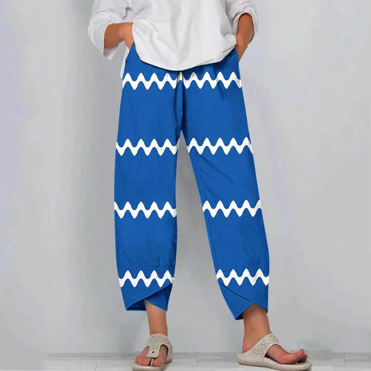 Women's Linen Cropped Pants Tapered Ankle Capris Trousers Casual Elastic Waist Sweatpant with Pockets Boho Lounge Pant