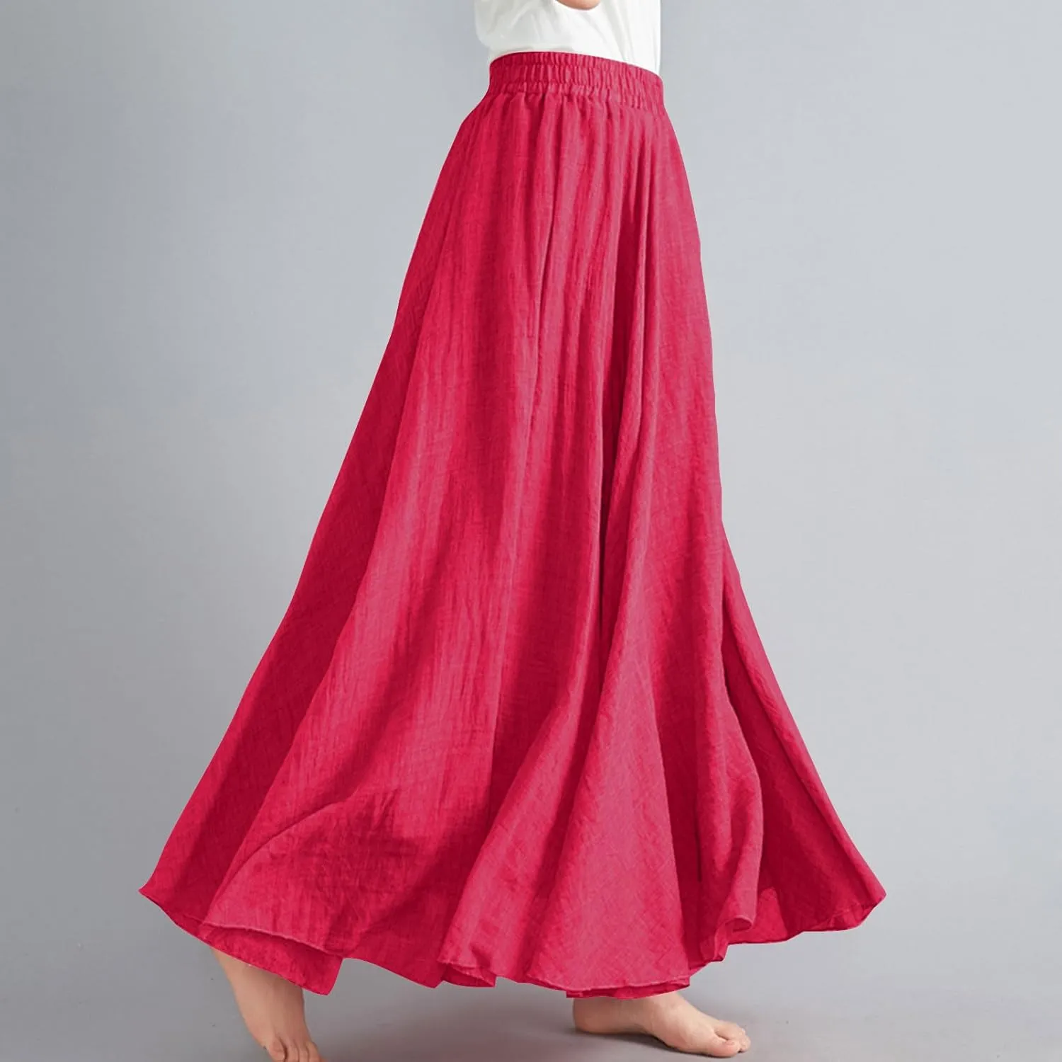 Womens Linen Maxi Skirts Flowy Elegant Pleated Solid Color Skirt High Waisted Plus Size 2025 Trendy Summer Dress