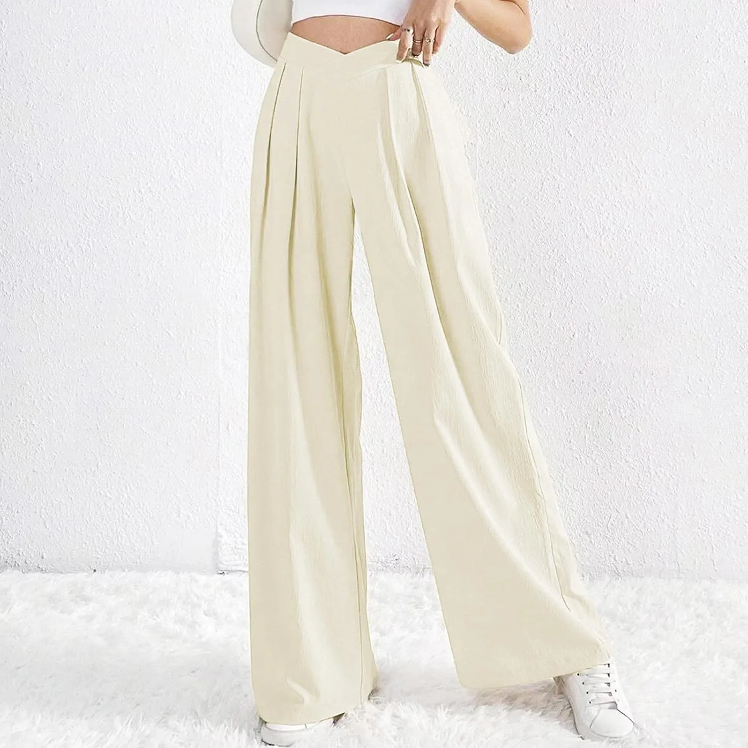 Womens Linen Pants Summer Casual Wide Leg Palazzo Pants Loose Fit Pleated High Waist Work Slack Flowy Beach Trousers