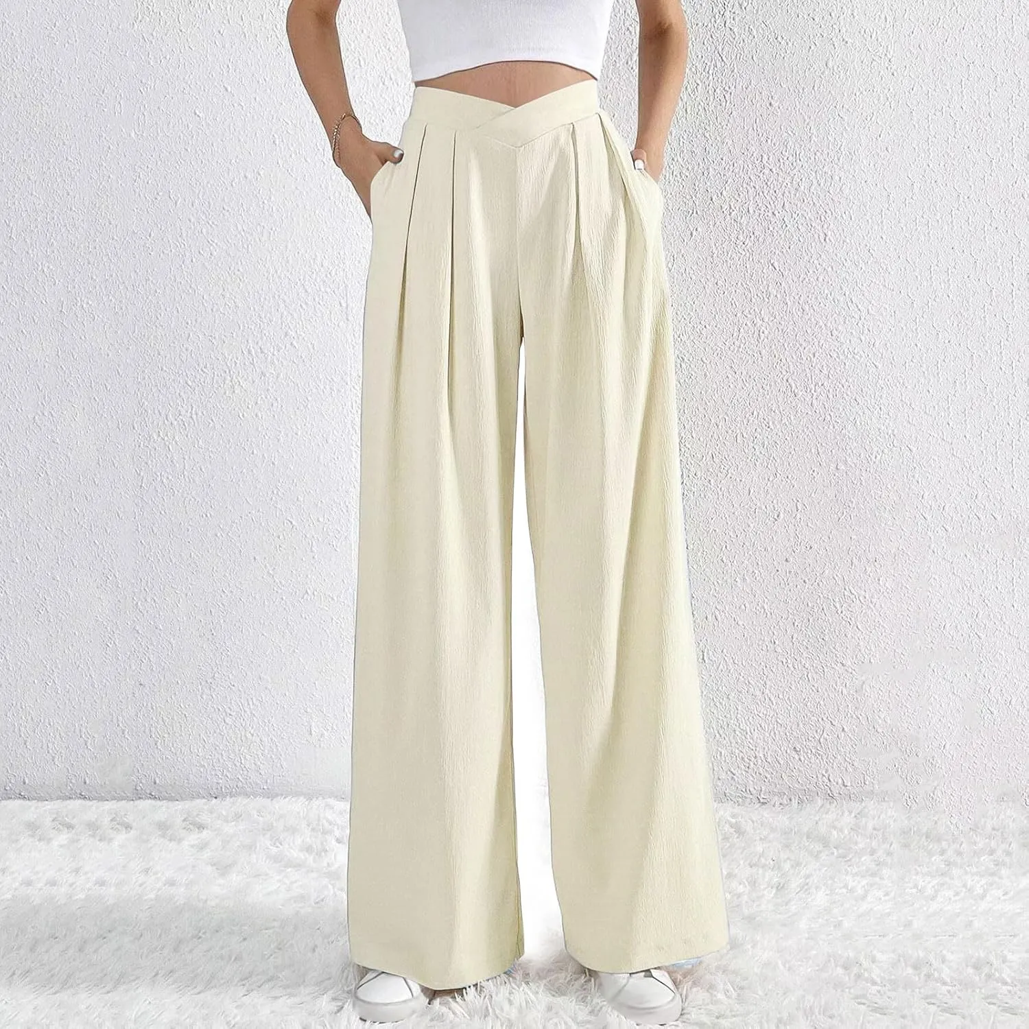 Womens Linen Pants Summer Casual Wide Leg Palazzo Pants Loose Fit Pleated High Waist Work Slack Flowy Beach Trousers