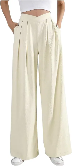 Womens Linen Pants Summer Casual Wide Leg Palazzo Pants Loose Fit Pleated High Waist Work Slack Flowy Beach Trousers