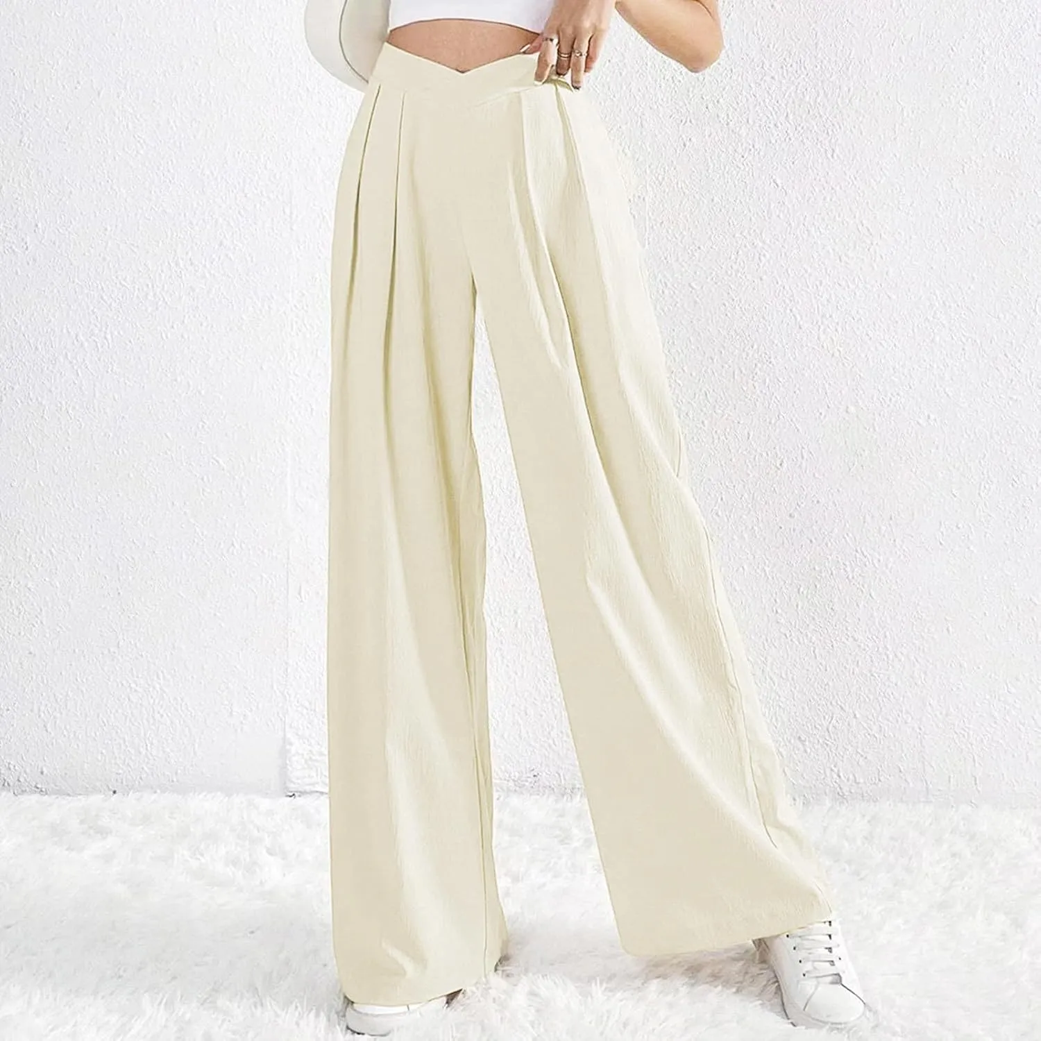 Womens Linen Pants Summer Casual Wide Leg Palazzo Pants Loose Fit Pleated High Waist Work Slack Flowy Beach Trousers