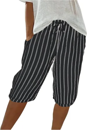 Womens Linen Wide Leg Pants Loose High Waisted Drawstring Baggy Beach Trousers Casual Bermuda Shorts with Pockets