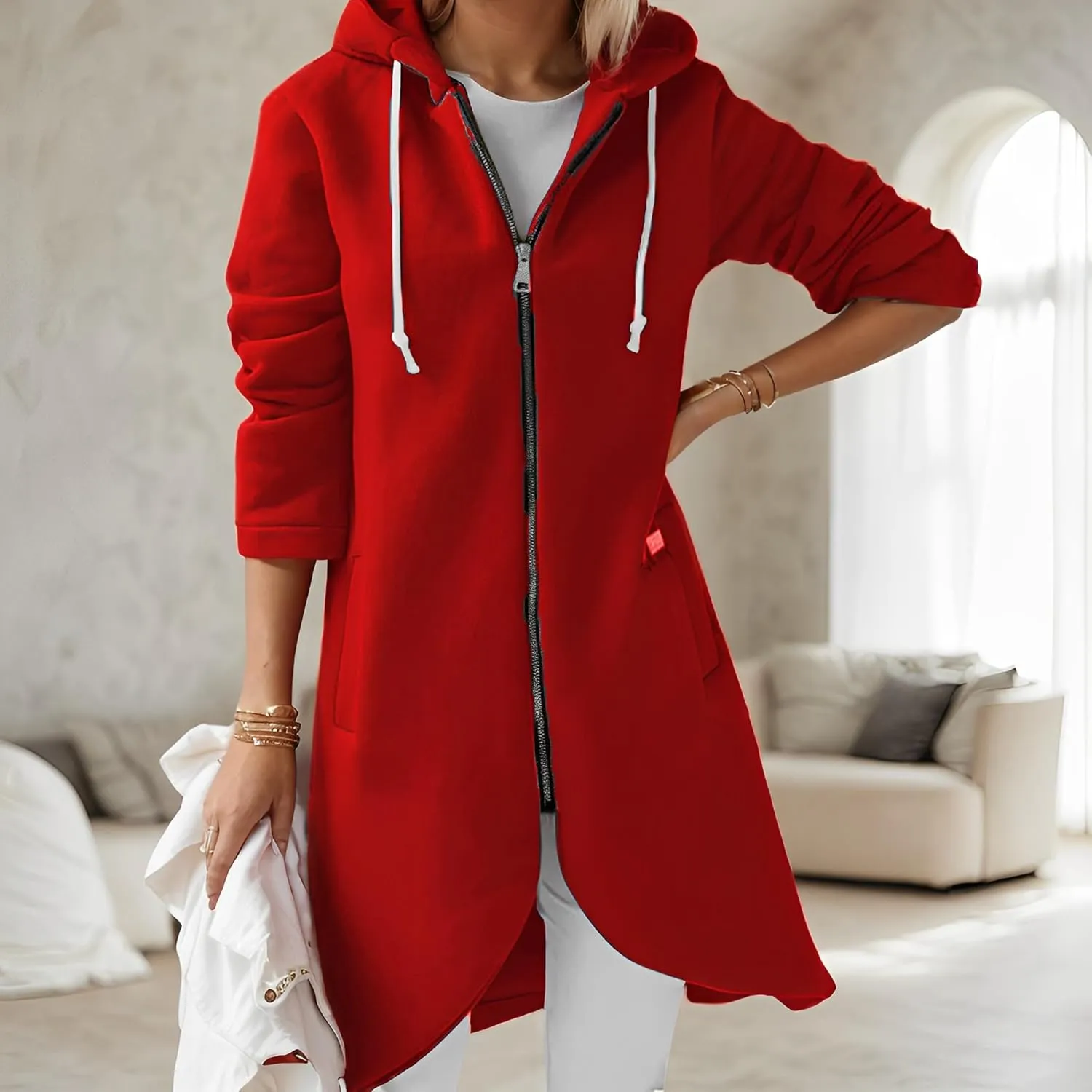 Women's Long Zip Up Oversized Hoodie Casual Loose Tunic Long Sleeve Sweatshirt Open Front Cardigan Jacket with Pockets