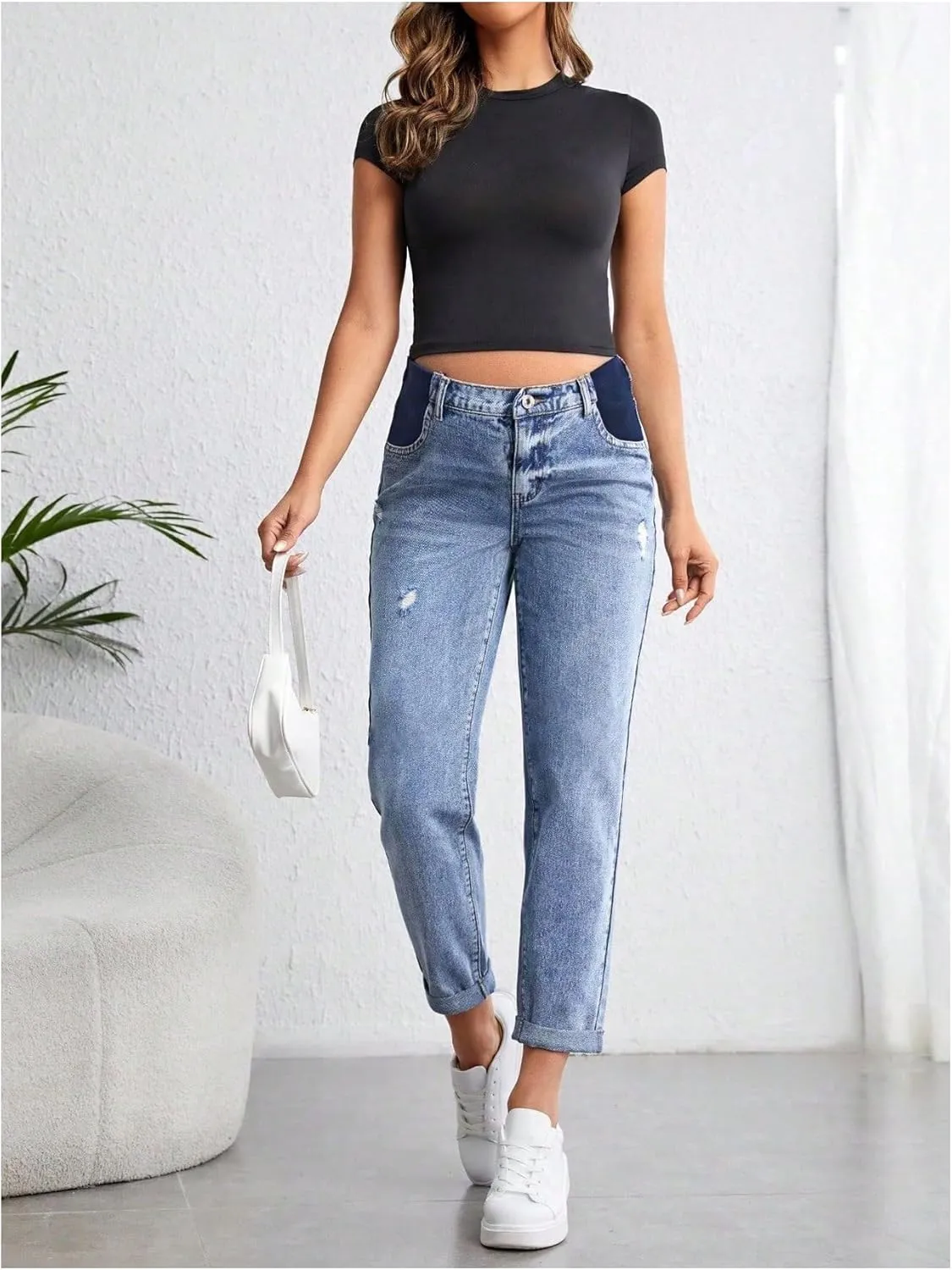 Women's Maternity Casual High Waist Zipper Ripped Jeans Pants Trousers Mom Fit Denim Pants