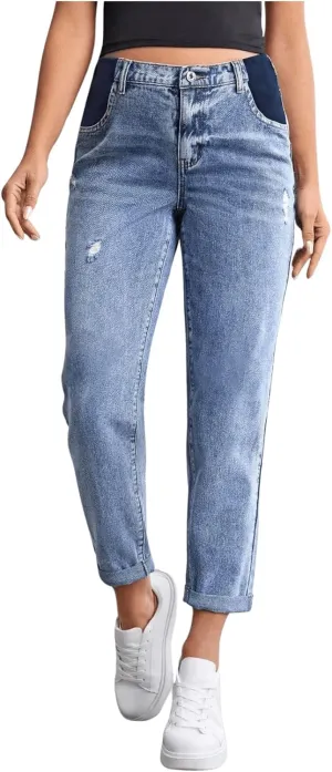 Women's Maternity Casual High Waist Zipper Ripped Jeans Pants Trousers Mom Fit Denim Pants