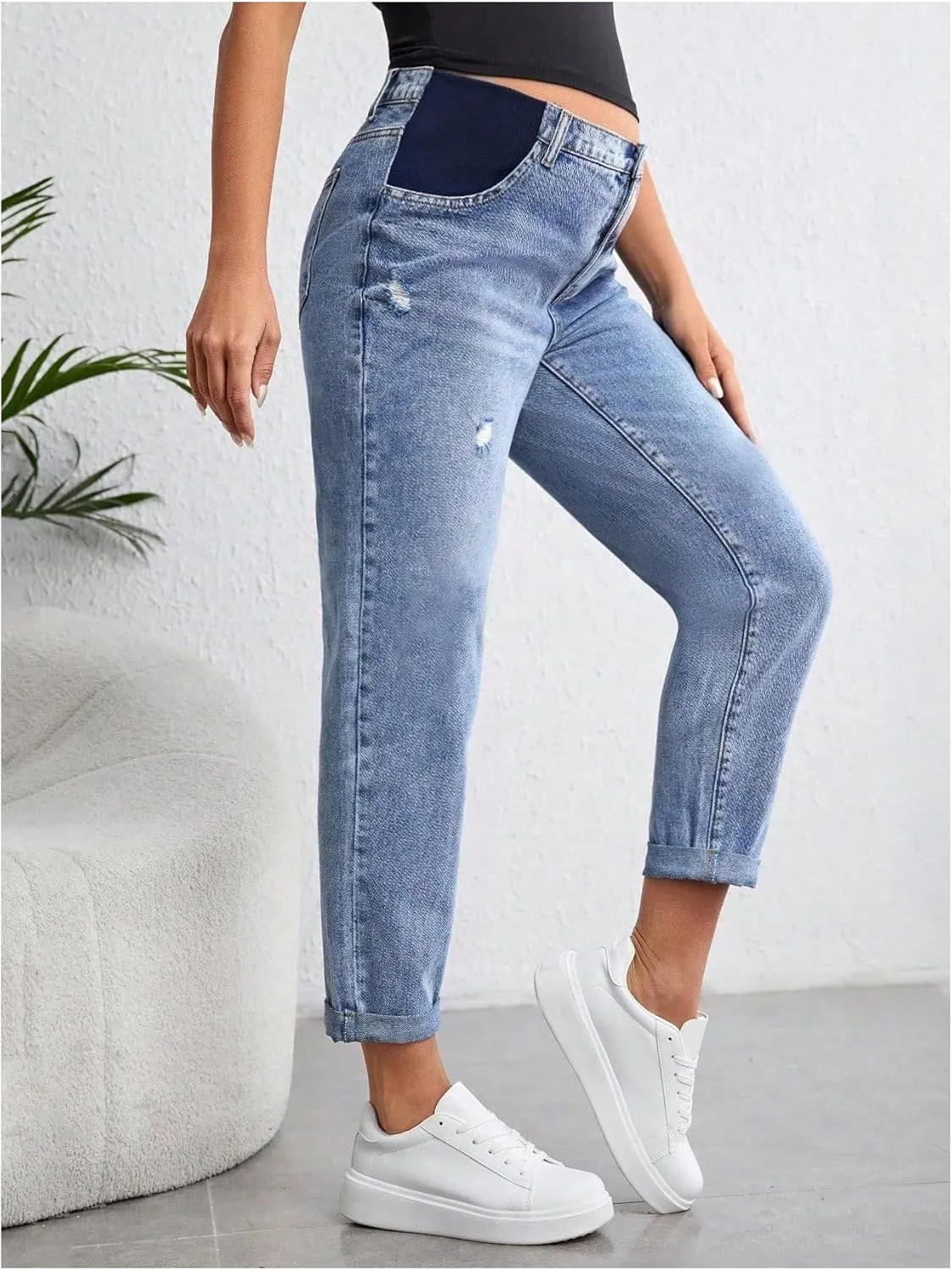 Women's Maternity Casual High Waist Zipper Ripped Jeans Pants Trousers Mom Fit Denim Pants