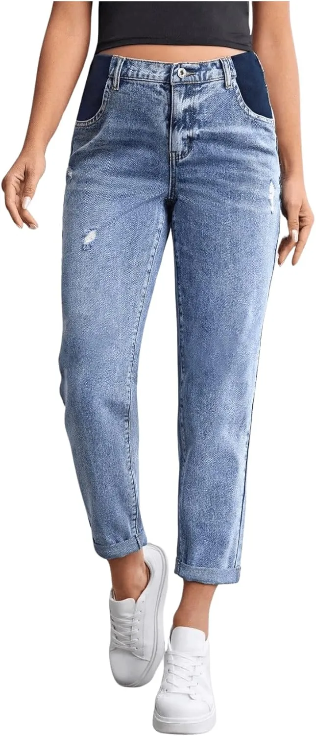 Women's Maternity Casual High Waist Zipper Ripped Jeans Pants Trousers Mom Fit Denim Pants