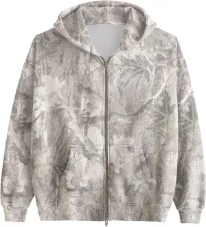 Womens Mens Camo Zip Up Hoodie Maple Leaf Print Oversized Hooded Sweatshirt Fleece Long Sleeve Jacket
