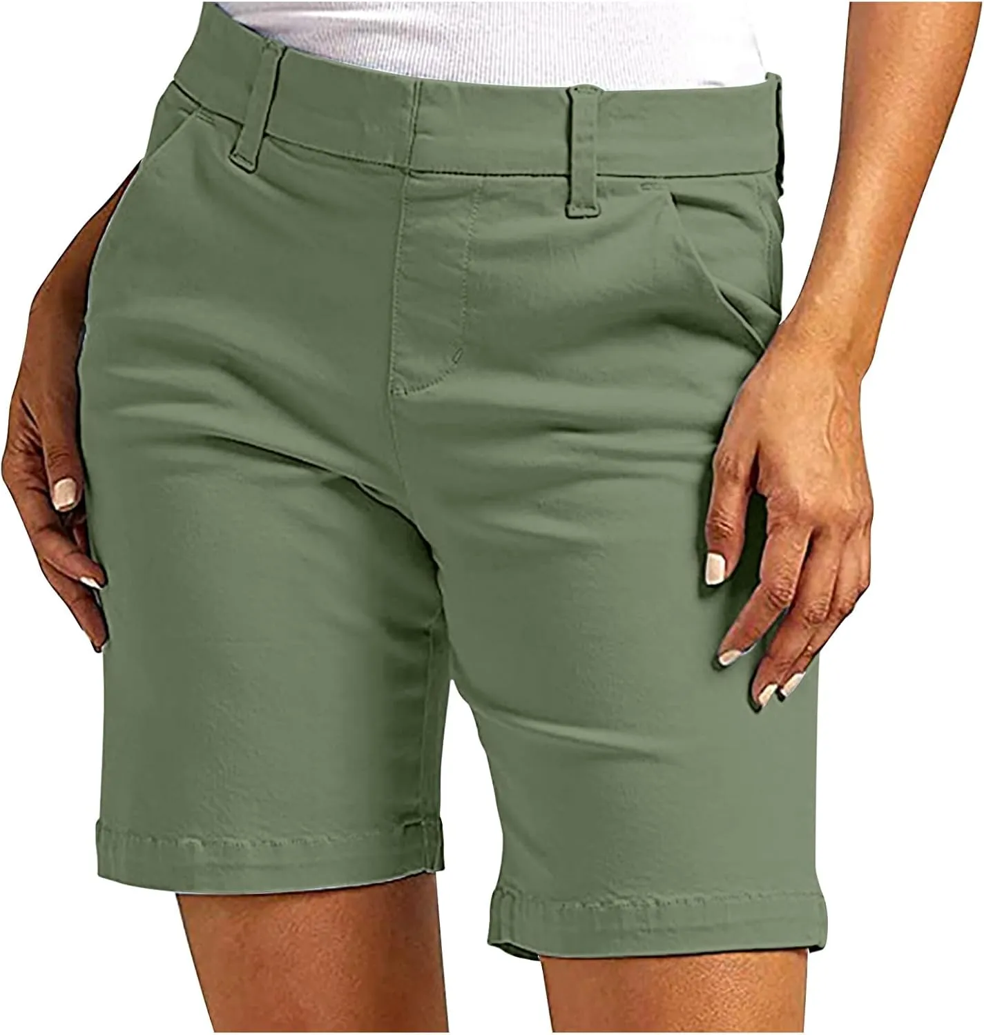 Women's Mid Rise Slim Fit Chino Bermuda Shorts Ultra Lux Comfort Walking Super Comfy Business Casual Pants