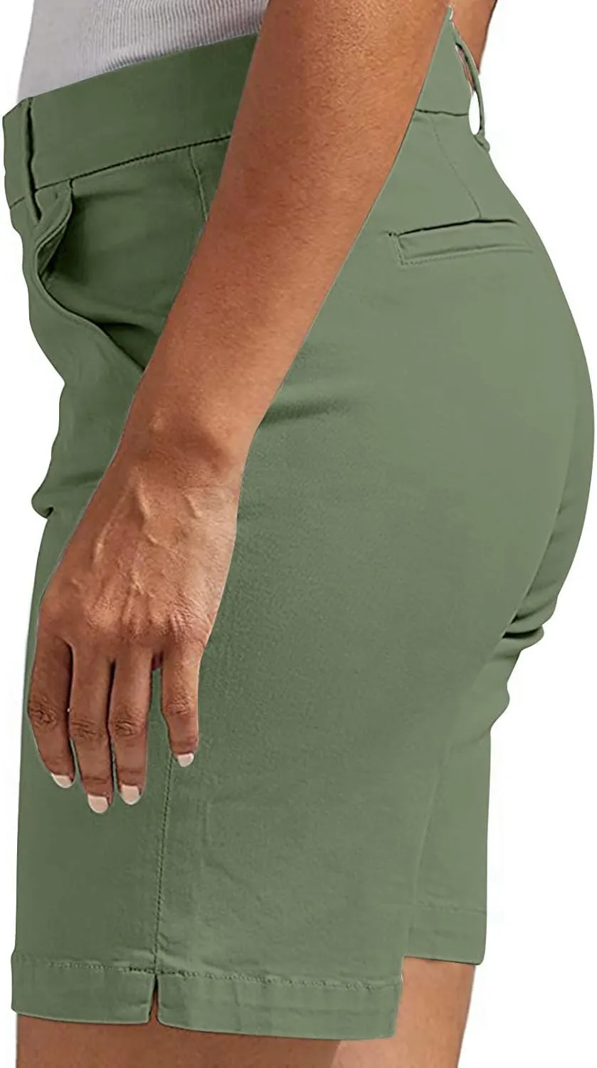 Women's Mid Rise Slim Fit Chino Bermuda Shorts Ultra Lux Comfort Walking Super Comfy Business Casual Pants