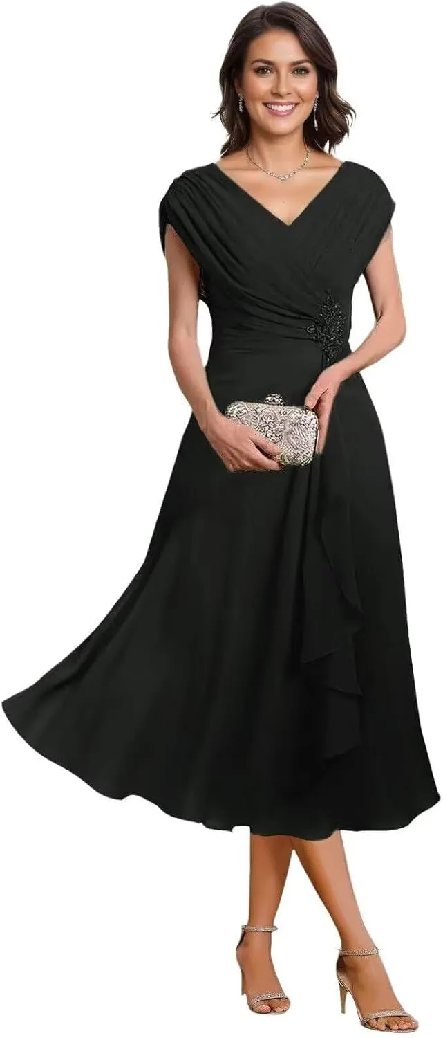 Women's Mother of The Bride Dresses Tea Length Pleated Chiffon Formal Evening Dress Party Gowns for Women PS019