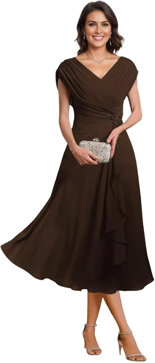 Women's Mother of The Bride Dresses Tea Length Pleated Chiffon Formal Evening Dress Party Gowns for Women PS019