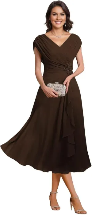 Women's Mother of The Bride Dresses Tea Length Pleated Chiffon Formal Evening Dress Party Gowns for Women PS019