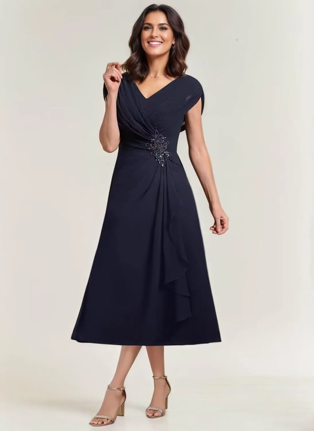 Women's Mother of The Bride Dresses Tea Length Pleated Chiffon Formal Evening Dress Party Gowns for Women PS019