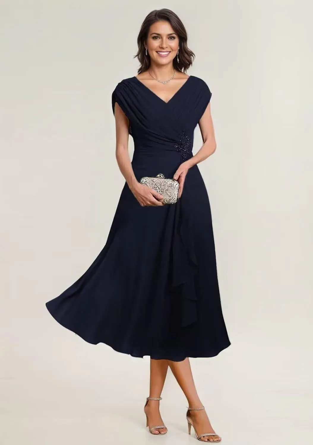 Women's Mother of The Bride Dresses Tea Length Pleated Chiffon Formal Evening Dress Party Gowns for Women PS019