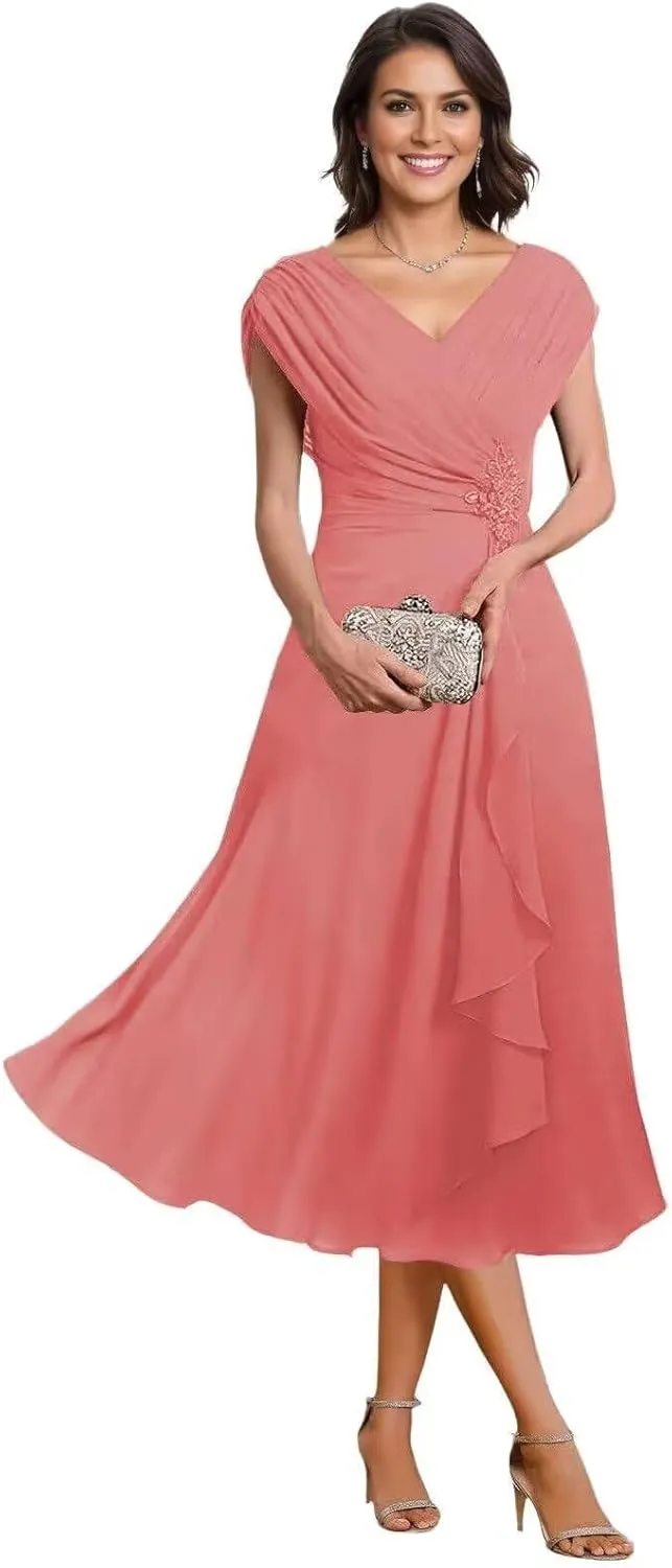 Women's Mother of The Bride Dresses Tea Length Pleated Chiffon Formal Evening Dress Party Gowns for Women PS019
