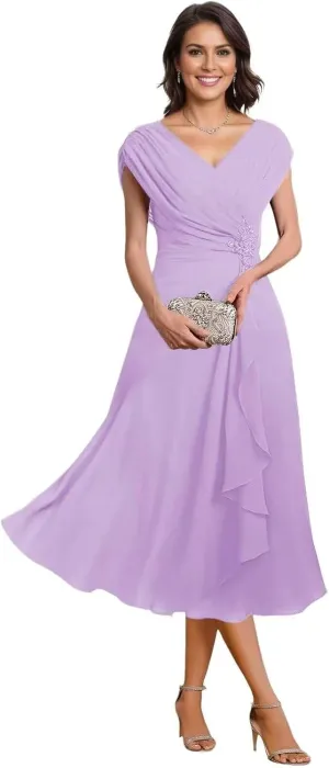 Women's Mother of The Bride Dresses Tea Length Pleated Chiffon Formal Evening Dress Party Gowns for Women PS019