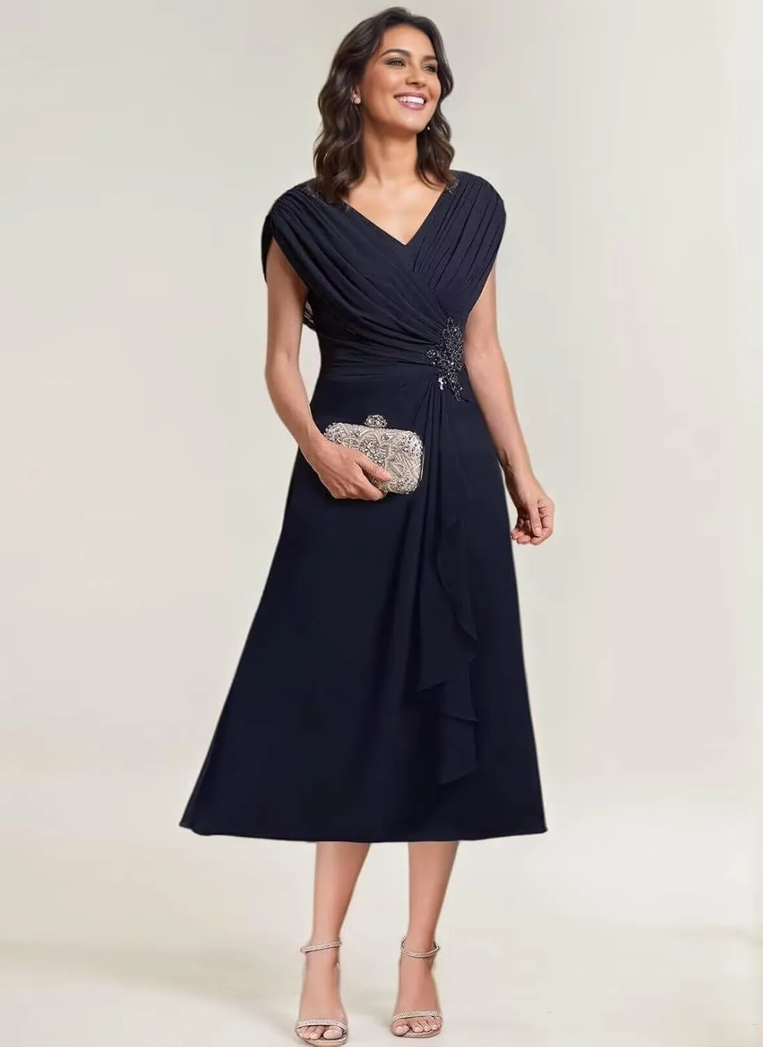 Women's Mother of The Bride Dresses Tea Length Pleated Chiffon Formal Evening Dress Party Gowns for Women PS019