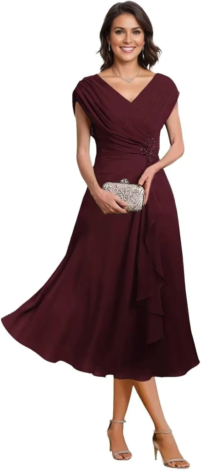 Women's Mother of The Bride Dresses Tea Length Pleated Chiffon Formal Evening Dress Party Gowns for Women PS019
