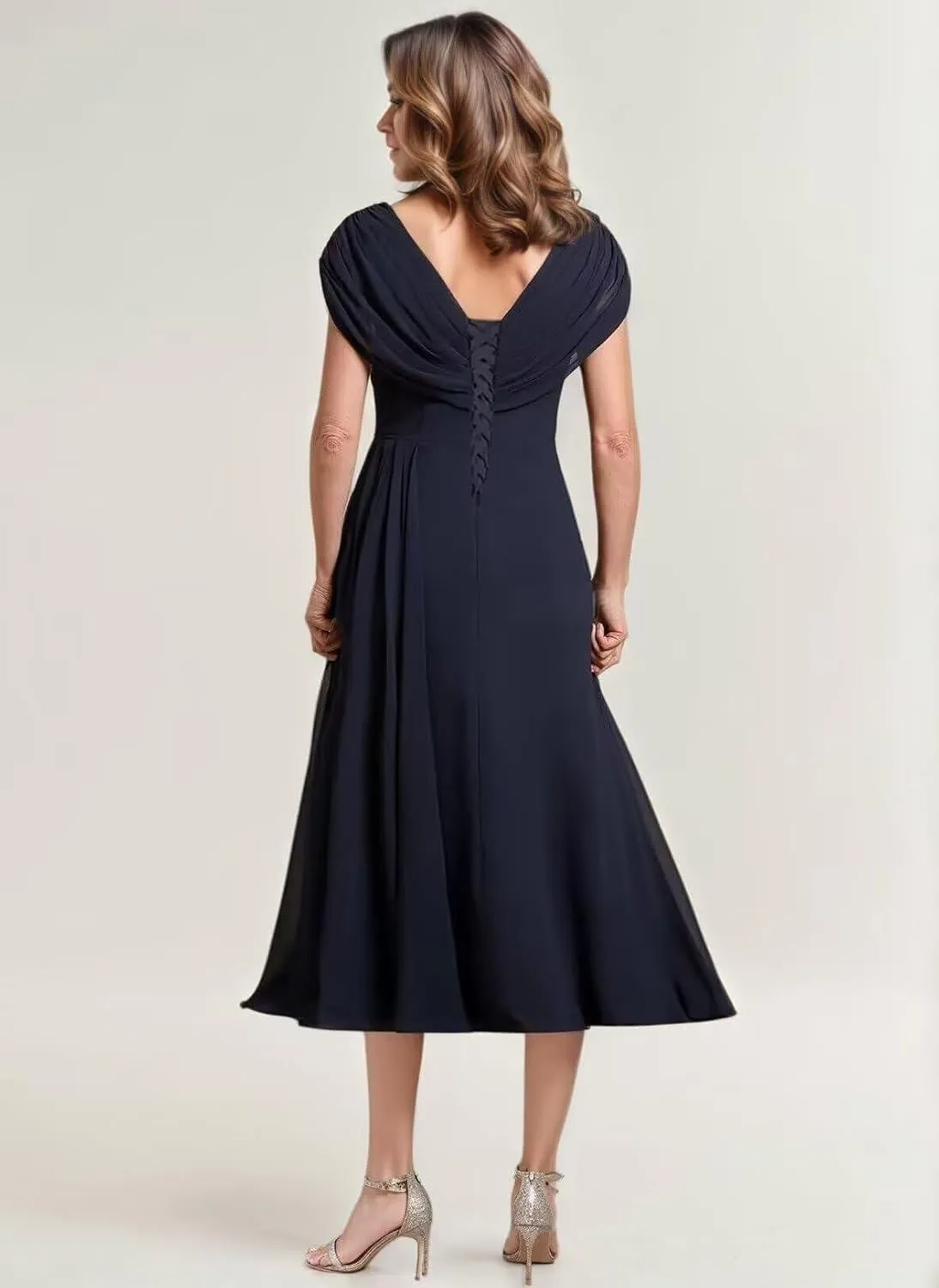 Women's Mother of The Bride Dresses Tea Length Pleated Chiffon Formal Evening Dress Party Gowns for Women PS019