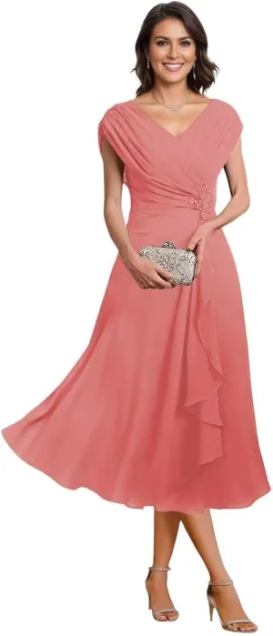 Women's Mother of The Bride Dresses Tea Length Pleated Chiffon Formal Evening Dress Party Gowns for Women PS019