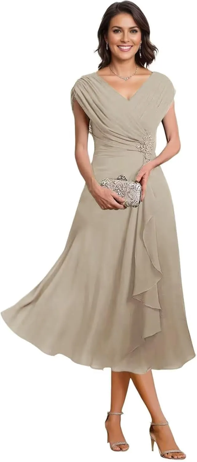 Women's Mother of The Bride Dresses Tea Length Pleated Chiffon Formal Evening Dress Party Gowns for Women PS019