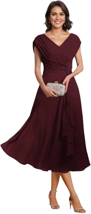Women's Mother of The Bride Dresses Tea Length Pleated Chiffon Formal Evening Dress Party Gowns for Women PS019