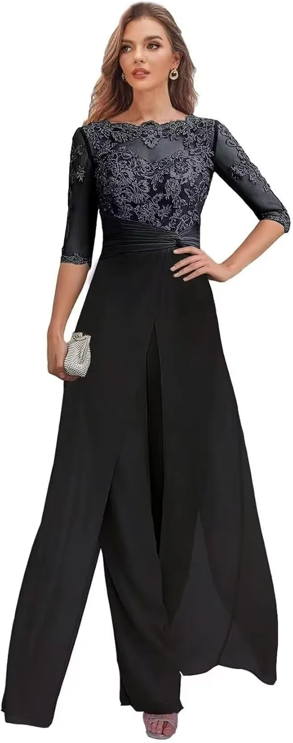 Women's Mother of The Bride Pant Suits Half Sleeve Formal Chiffon Outfit Jumpsuit for Wedding 2025 PS004
