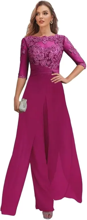 Women's Mother of The Bride Pant Suits Half Sleeve Formal Chiffon Outfit Jumpsuit for Wedding 2025 PS004