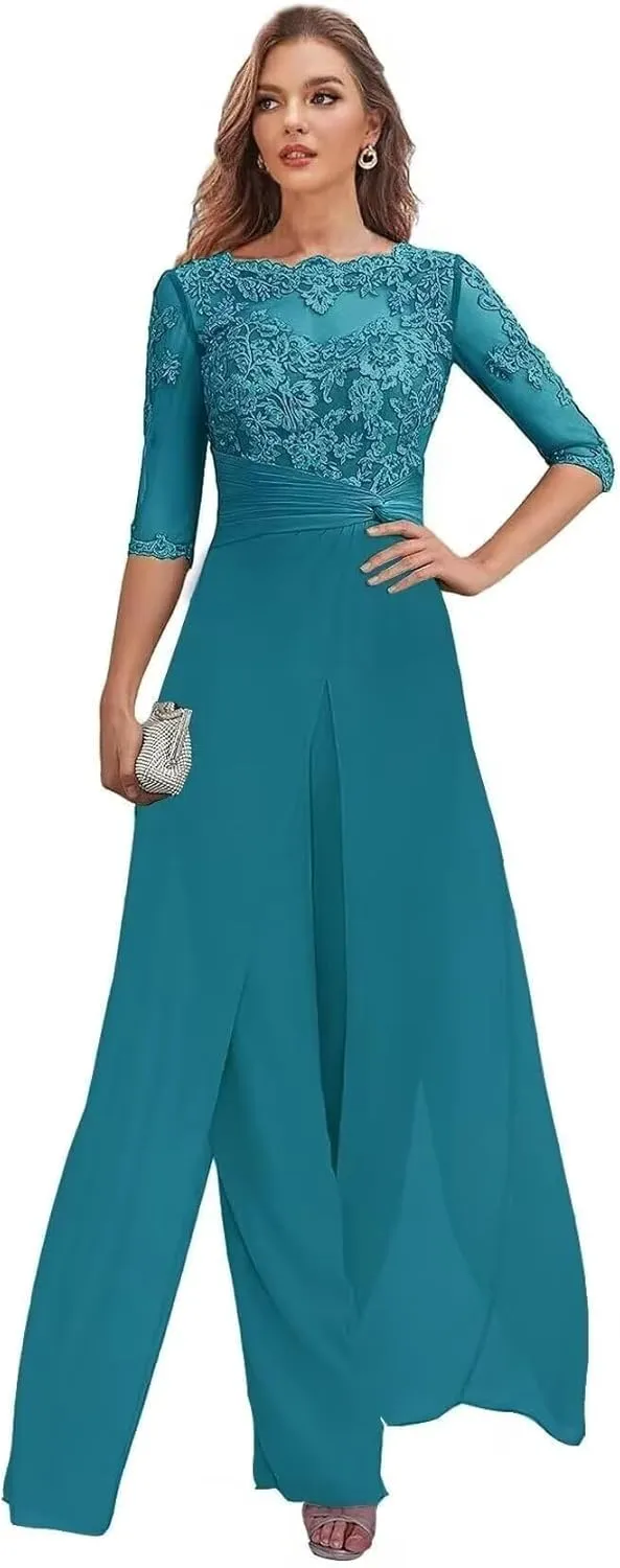 Women's Mother of The Bride Pant Suits Half Sleeve Formal Chiffon Outfit Jumpsuit for Wedding 2025 PS004