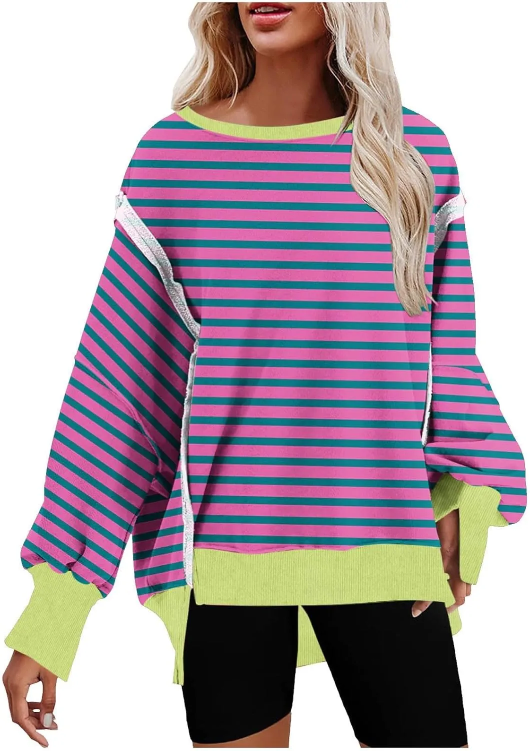 Womens Oversize Striped Sweatshirts Crew Neck Long Sleeve Top Patchwork Hoodie Irregular Hem Pullover Fall Clothes