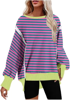 Womens Oversize Striped Sweatshirts Crew Neck Long Sleeve Top Patchwork Hoodie Irregular Hem Pullover Fall Clothes