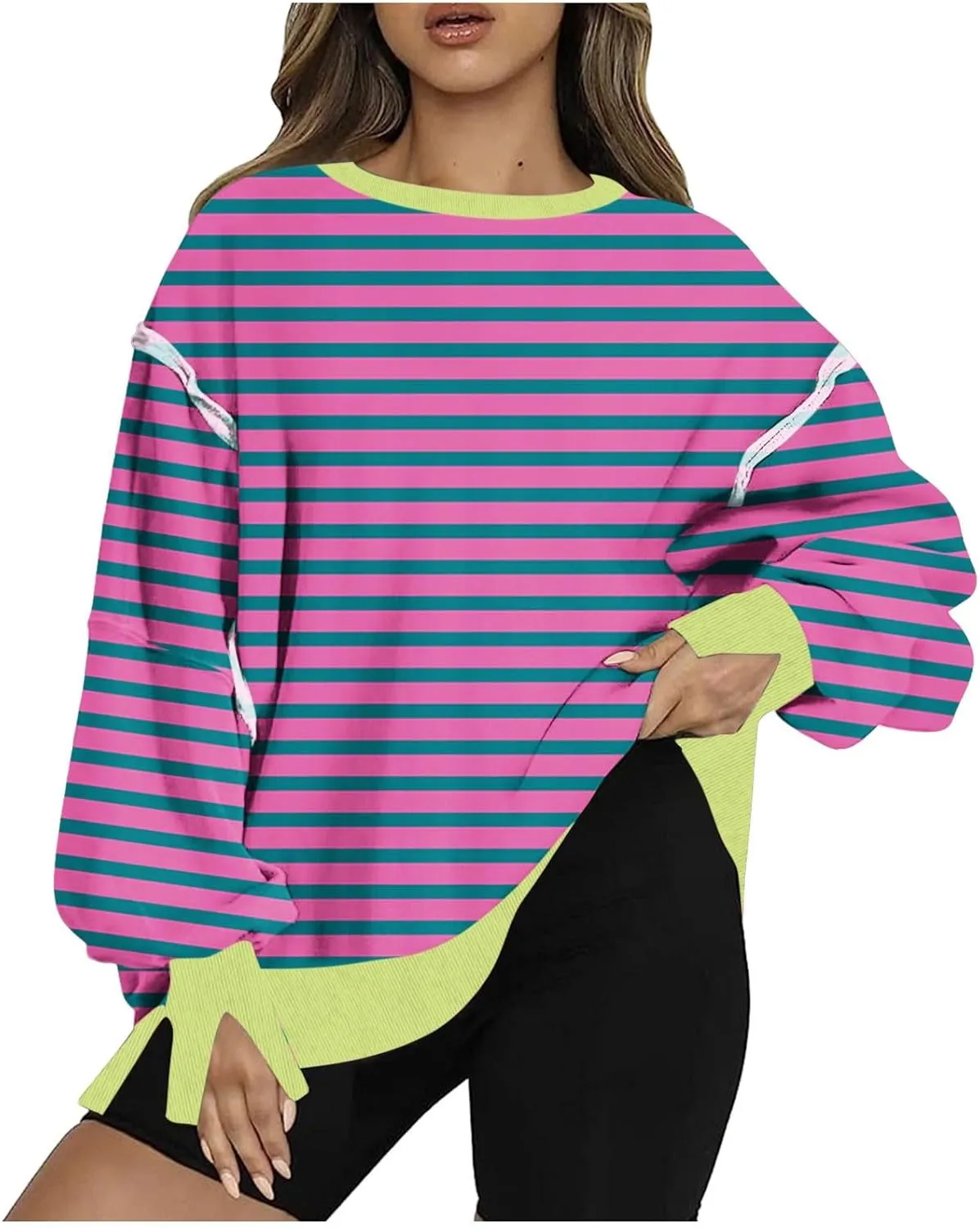 Womens Oversize Striped Sweatshirts Crew Neck Long Sleeve Top Patchwork Hoodie Irregular Hem Pullover Fall Clothes