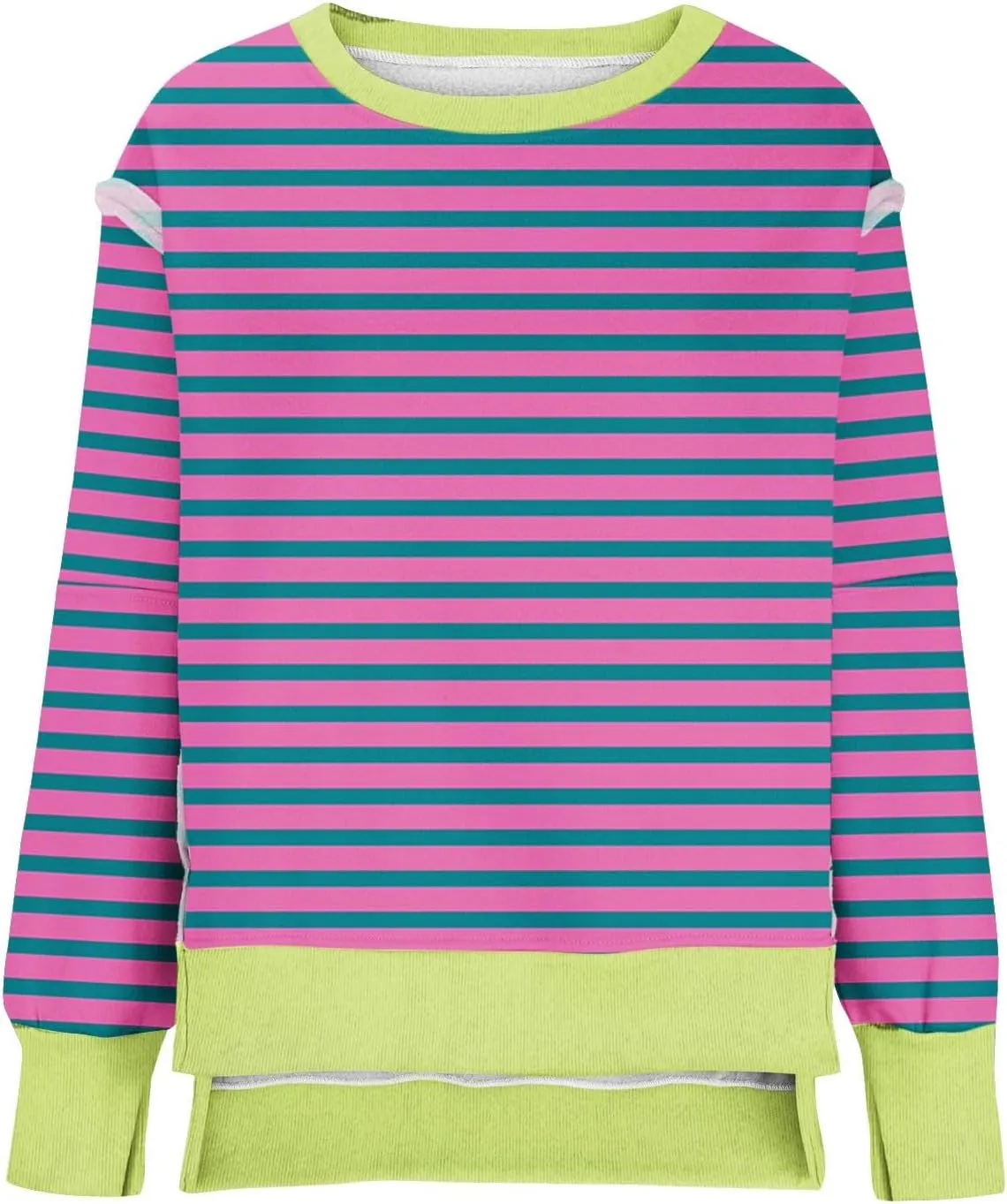 Womens Oversize Striped Sweatshirts Crew Neck Long Sleeve Top Patchwork Hoodie Irregular Hem Pullover Fall Clothes