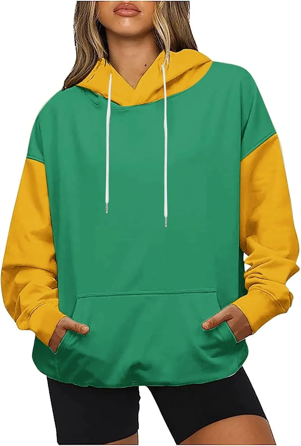 Women's Oversized Hoodies Fall Fashion Long Sleeve Hooded Sweatshirt Trendy Color Block Patchwork Y2k Pullover Tops