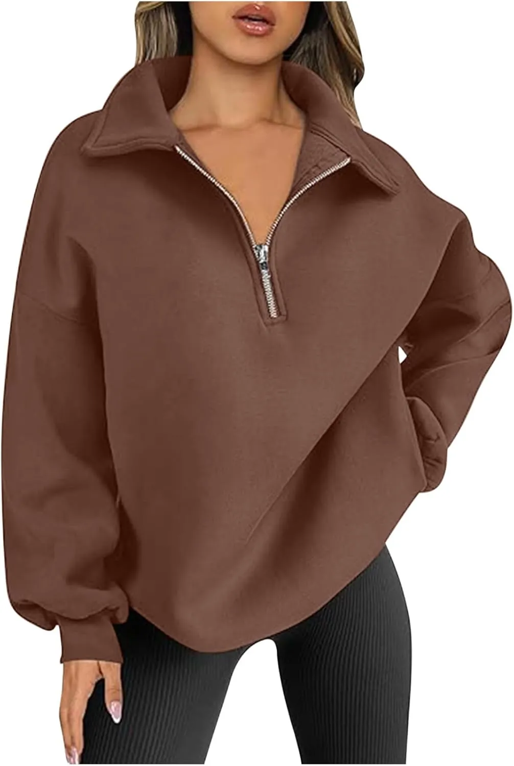 Women's Oversized Quarter Half Zip Hoodies Sweatshirt,2024 Winter V Neck Long Sleeve Pullover Tunic Trendy Clothes
