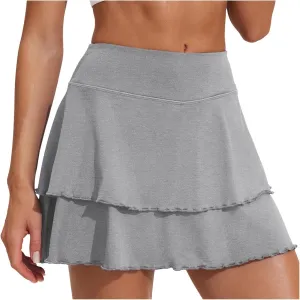 Womens Pleated Tennis Skirt Double Ruffle Flowy Golf Skort High Waisted Tummy Control Gym Running Athletic Skirts Wine XXL